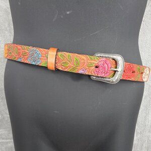 Tooled Hand Painted Leather Belt 32 Ten Brown Colorful Floral Southwestern Boho